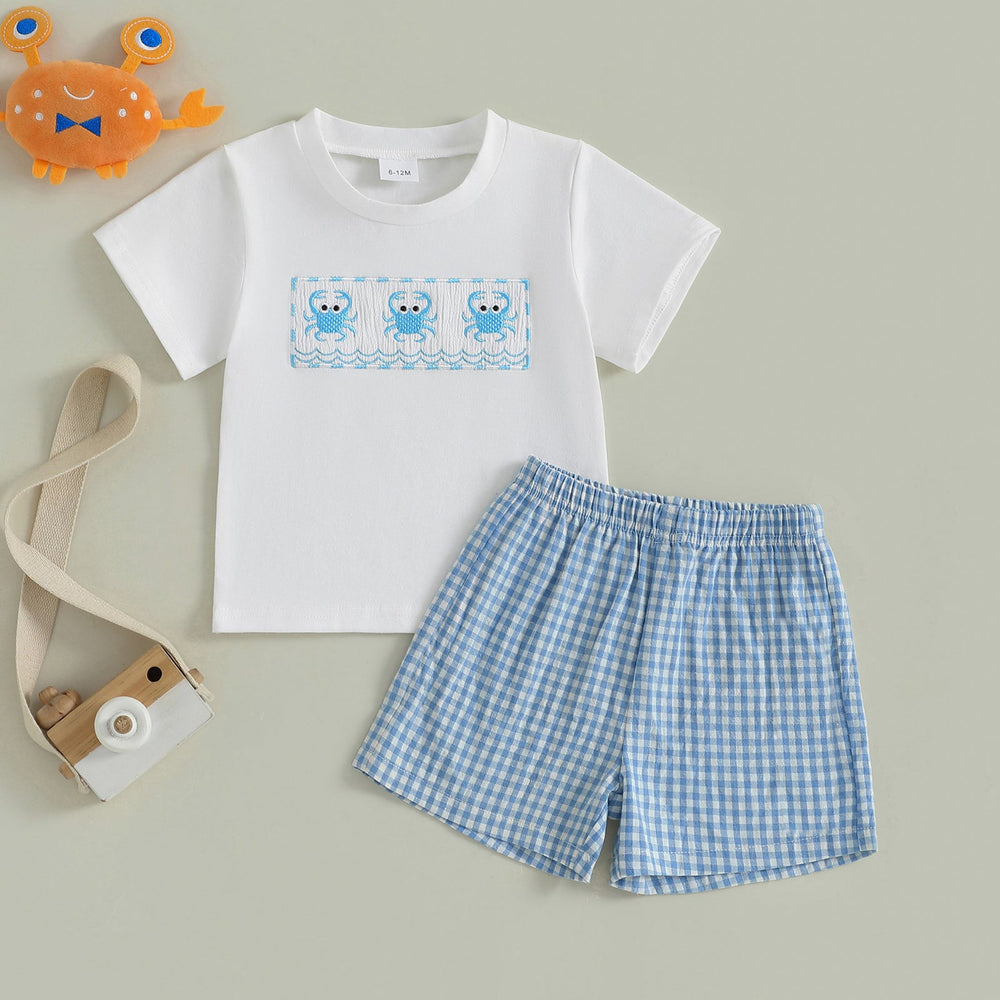 CrabbyCool Sommarsätt för Baby & Småbarn | T-shirt med Krabbor & Rutig Shorts | Bomull & Polyester | 6 mån–4 år | Vit & Blå