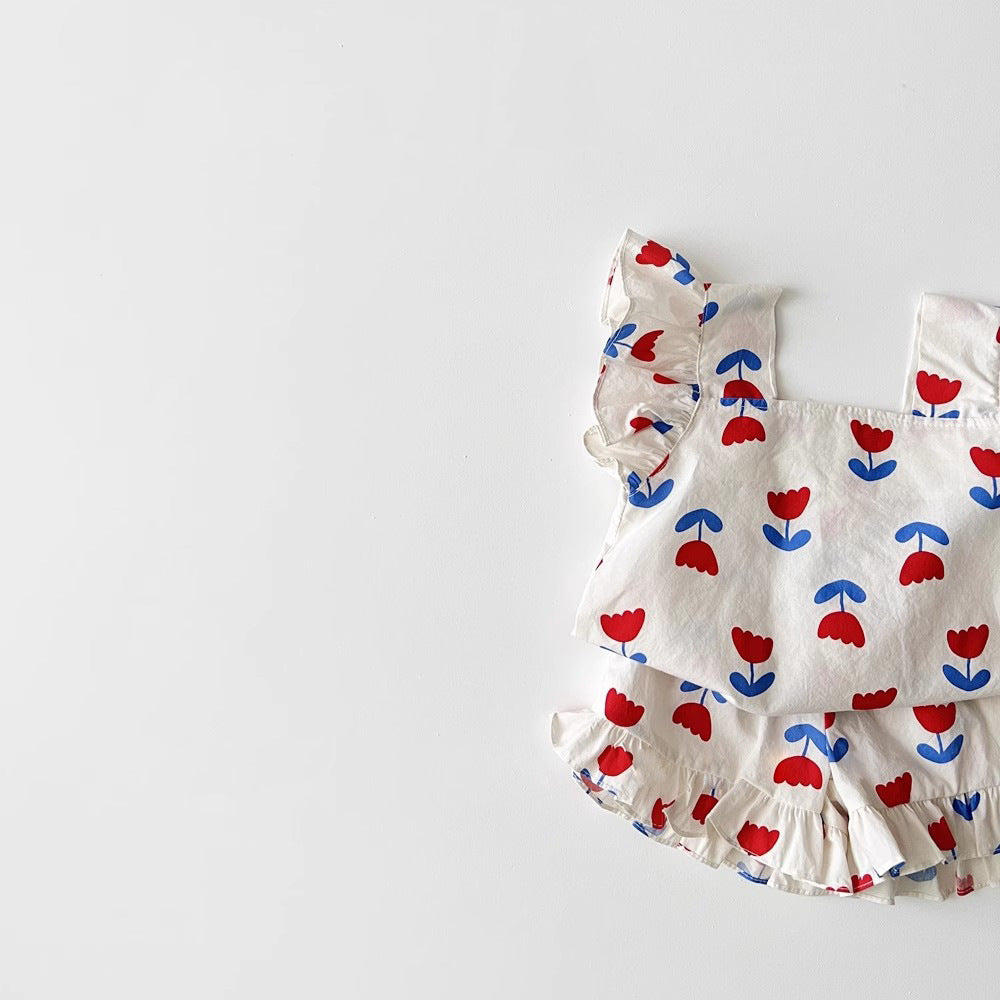 Lulu & Leaf Sommarset Flicka – 2-delad Bomullsoutfit med Volanger & Tulpanmönster (0–5 år)