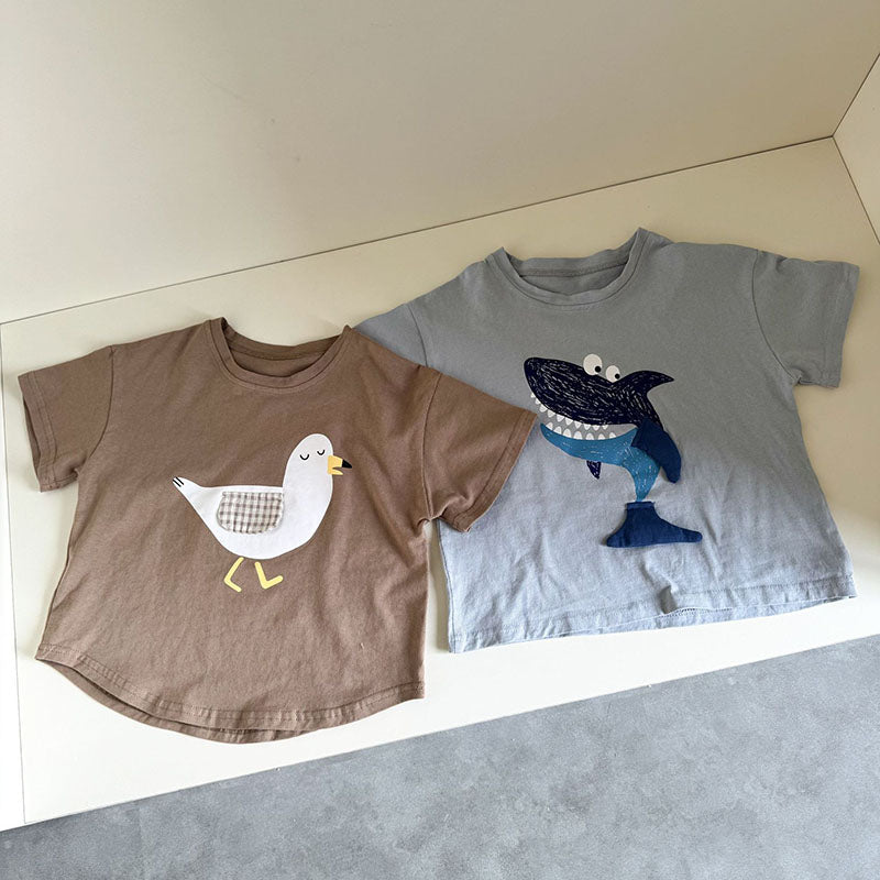 3D T-shirt med haj och mås – Baby, Småbarn, Förskolebarn, Barn, Blå/Brun, Bomull, Storlek 0–8 år