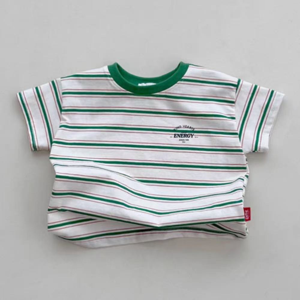 Mini Energy Baby T-shirt – Randig bomullströja med texttryck | Unisex | Storlek 0–3 år
