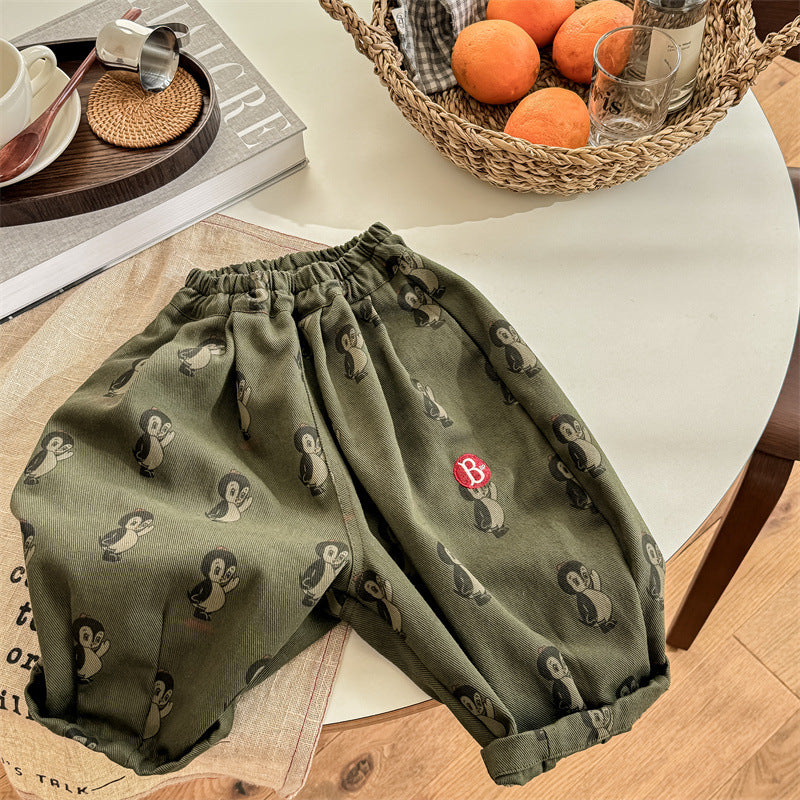 Byxa med Pingvintryck – Woodsy Unisex, Beige/Grön, Bomull, Storlek 0–6 År