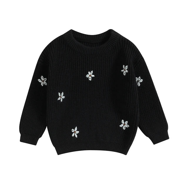 Stickad Tröja med Blommor – Flickor, Beige/Grön/Grå/Lila/Rosa, Bomull, Storlek 0–6 år