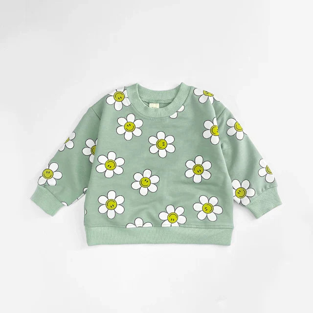 Sweatshirt med Blommönster – Glada Blommor Flickor, Grön/Gul/Beige, Bomull, Storlek 0–3 år