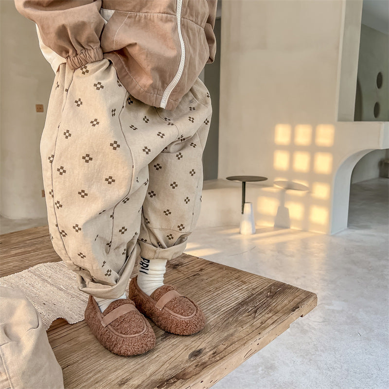 Baggybyxa med Tryck – Mila Bloomers Unisex, Brun/Beige, Bomull, Linne, Storlek 0–6 år