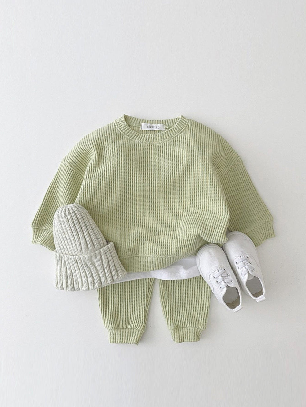 Set med Byxa och Tröja i Vågigt Waffelmönster – Porto-Novo Unisex, Blå/Rosa/Grå/Grön/Gul, Bomull, Storlek 0–3 år