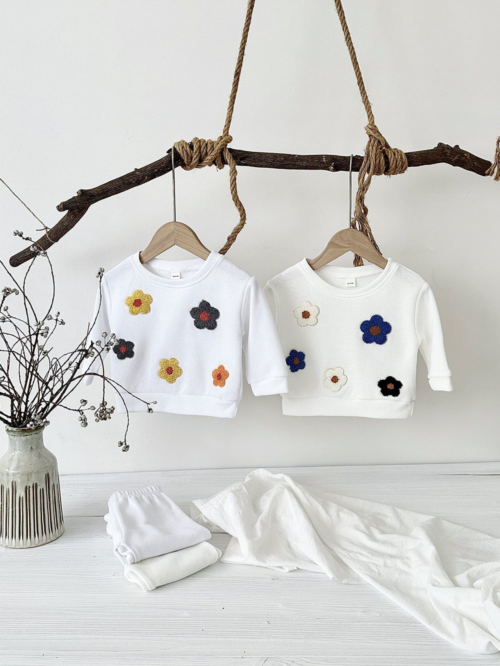 Träningsdräkt med blommor – Bloomy Flickor, Vit/Blå/Gul, Bomull, Storlek 0–3 år