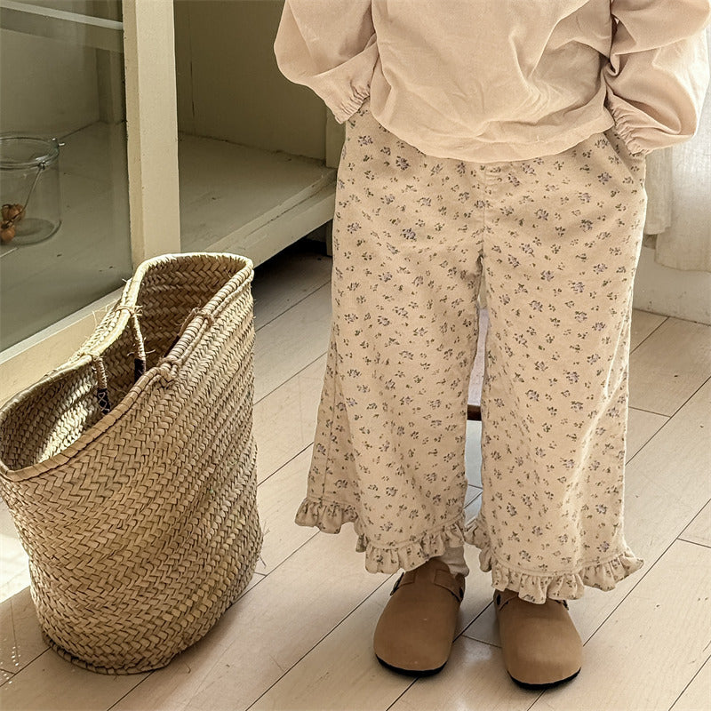 Utsvängda byxor med blommönster – BohoBlossom Flickor, Beige Bomull, Storlek 0–6 år