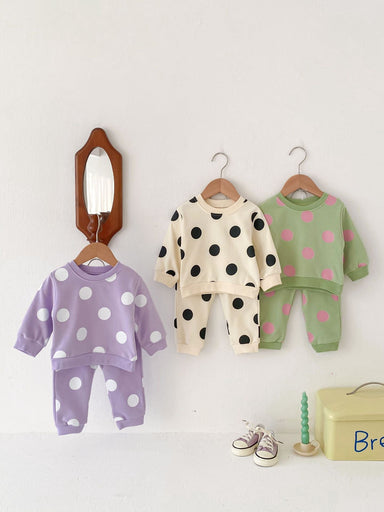 Träningsdräkt med prickar – DottyDays Flickor, Lila/Beige/Grön, Bomull, Storlek 0–4 år