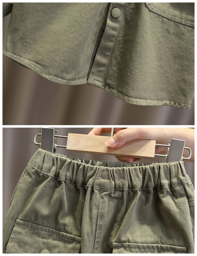 Set med Byxa och Tröja – Little Explorer Unisex, Beige/Grön, Bomull, Storlek 0–7 år