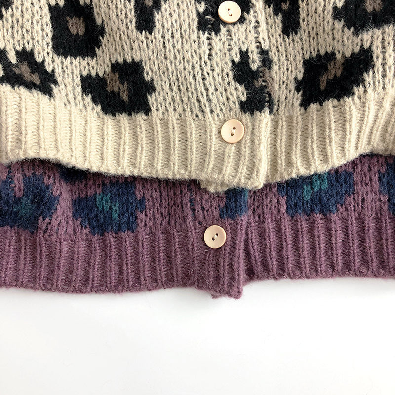 Stickad Kofta med Leopardmönster – Flicka, Beige/Lila, Bomull, Storlek 0–6 år