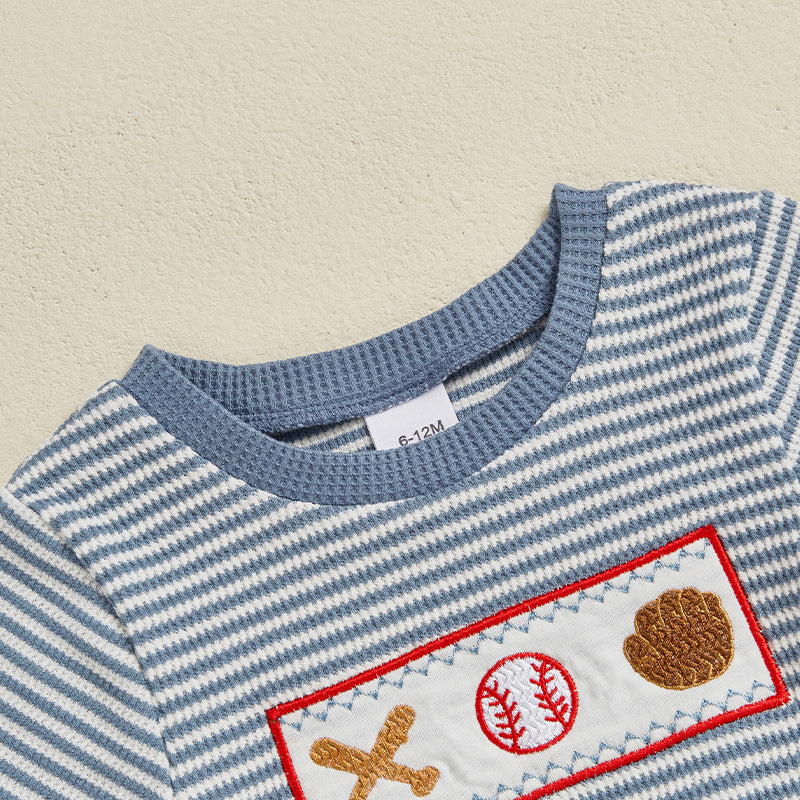 Baseball Stripe Sommarsätt för Baby & Småbarn | Stickad T-shirt & Shorts | Knit Bomull | 0–3 år | Sportig Look för Pojkar