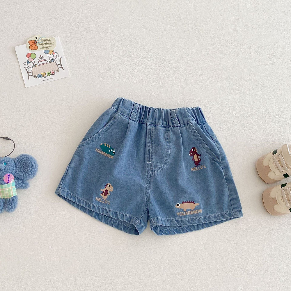 Kort Jeansbyxa med Resår och Dinosaurietryck – Baby, Småbarn, Förskolebarn, Ljusblå, Bomull/Denim, Storlek 0–5 år