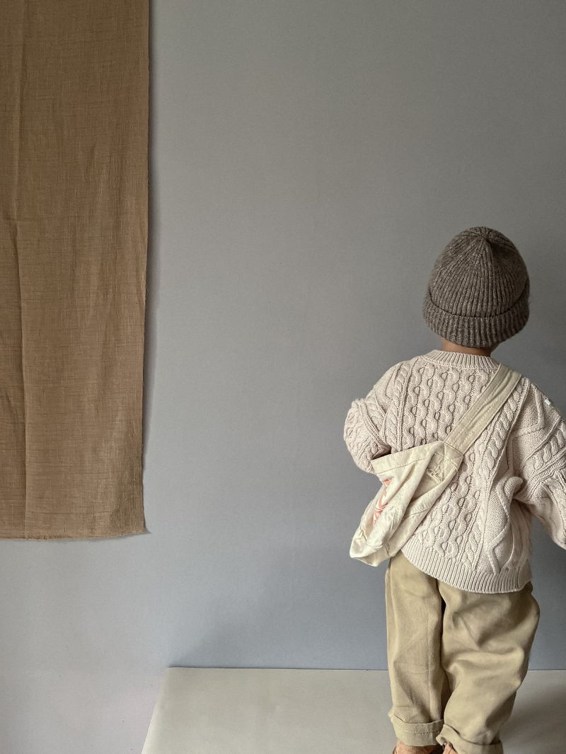 Stickad Tröja med Flätmönster – Pyong Unisex, Brun/Grön/Beige, Bomull, Storlek 0–6 år