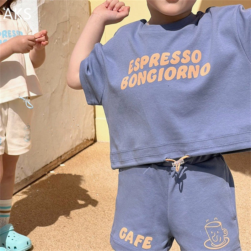 Sommarset med Shorts och T-shirt – CaffèKids Unisex, Blå/Beige, Bomull, Storlek 0–6 år