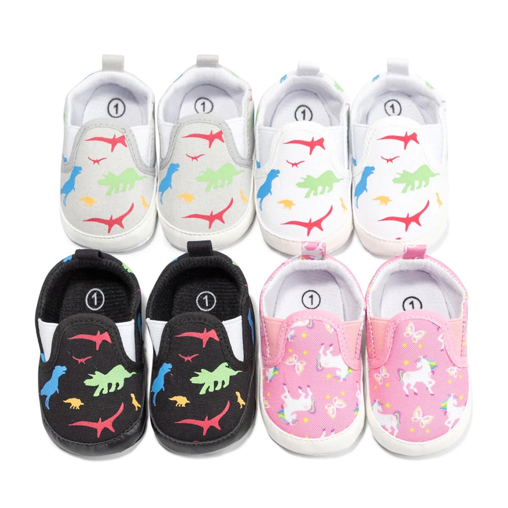 Slip-on-babyskor med halkfri sula – Minoe instegssneakers med dinosaurie och enhörning (0–18 månader)