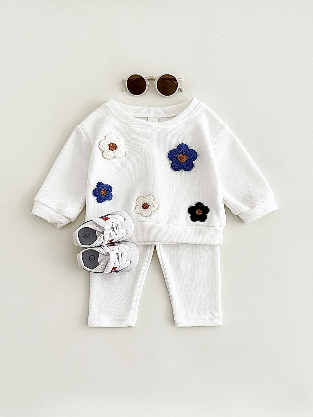 Träningsdräkt med blommor – Bloomy Flickor, Vit/Blå/Gul, Bomull, Storlek 0–3 år