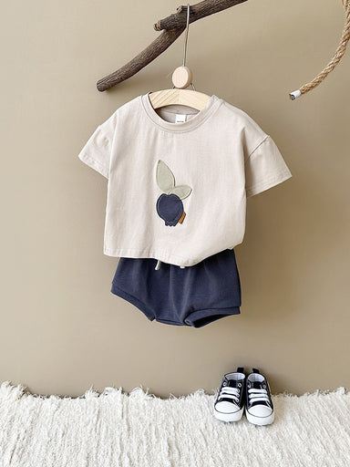 Sommarklädset T-shirt med Persika + Shorts Jogging – Little Pebble Set Unisex, Beige/Blå, Bomull, Storlek 0–3 år
