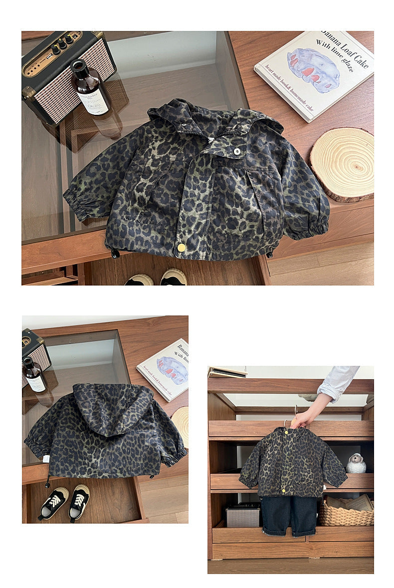 Vindjacka med Leopardmönster och Huvud – Savanna Flickor, Brun/Svart, Polyester, Storlek 0–5 År