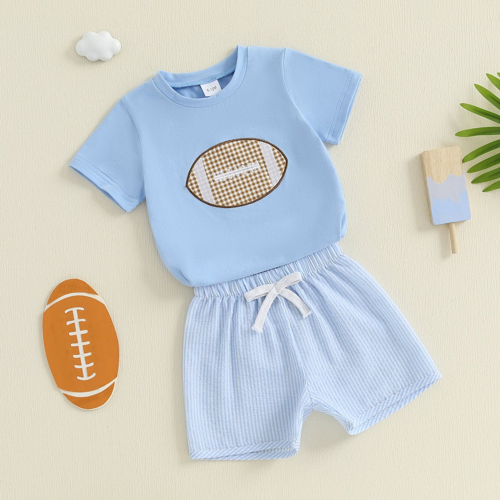 Touchdown Sommerset för Pojkar | T-shirt med Rugbyboll & Ljusblå Shorts | Bomull & Polyester | 6 mån–4 år | Sportig Babyoutfit