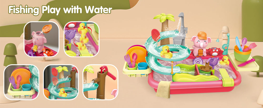 AquaFun PlayPark Vattenlekbord – Lärorik Vattenleksak med Fontän, Rutschkana & Djur | För Inne- & Utelek | För Barn 2–6 År