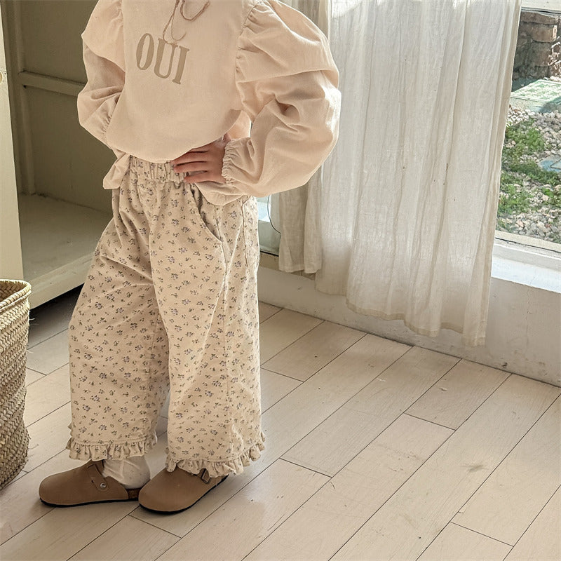 Utsvängda byxor med blommönster – BohoBlossom Flickor, Beige Bomull, Storlek 0–6 år