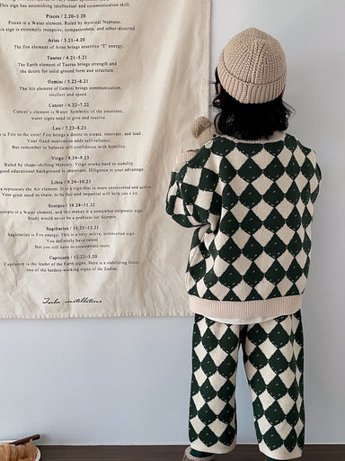 Stickat rutigt klädset – Lilla schackmästaren unisex, Beige/Grön, Bomull, Storlek 0–6 år