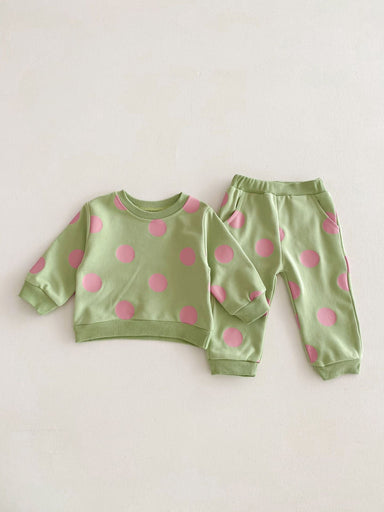 Träningsdräkt med prickar – DottyDays Flickor, Lila/Beige/Grön, Bomull, Storlek 0–4 år