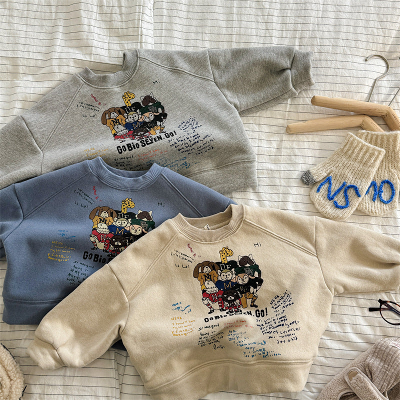 Tröja med tryck – FunCrew Unisex, Blå/Grå/Beige, Bomull, Storlek 0–6 år