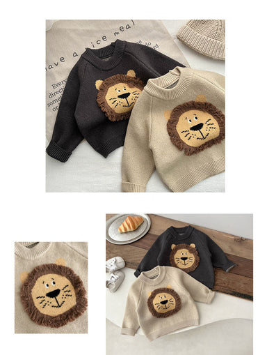Tröja med Lejon – Lio Tröja Unisex, Beige/Grå, Bomull, Storlek 0–3 år