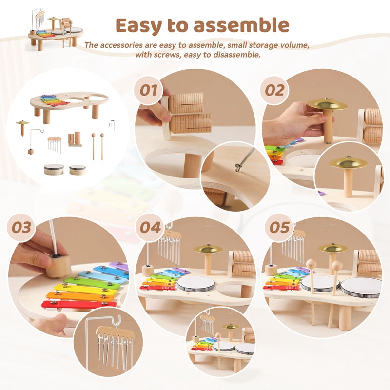 Musikbord i trä för barn – Xylofon, trummor & cymbaler (1+)
