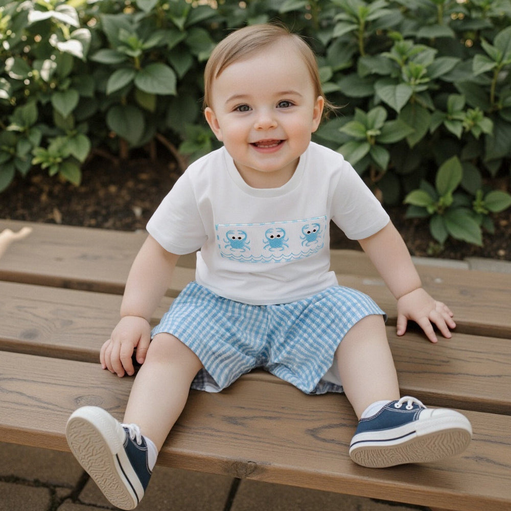 CrabbyCool Sommarsätt för Baby & Småbarn | T-shirt med Krabbor & Rutig Shorts | Bomull & Polyester | 6 mån–4 år | Vit & Blå