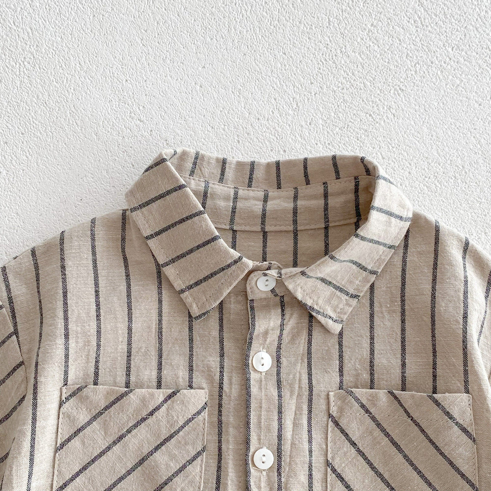 Sommerset med kortbyxor och skjorta – Randigt linneset för pojkar, Beige, Bomull, Storlek 0–5 år