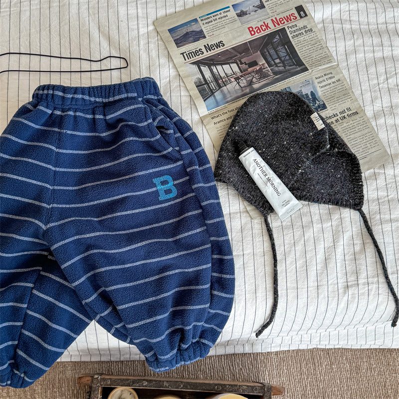 Randig Joggingbyxa – Mjuk som en Kram Unisex, Blå/Grå/Beige, Bomull, Storlek 0–6 år