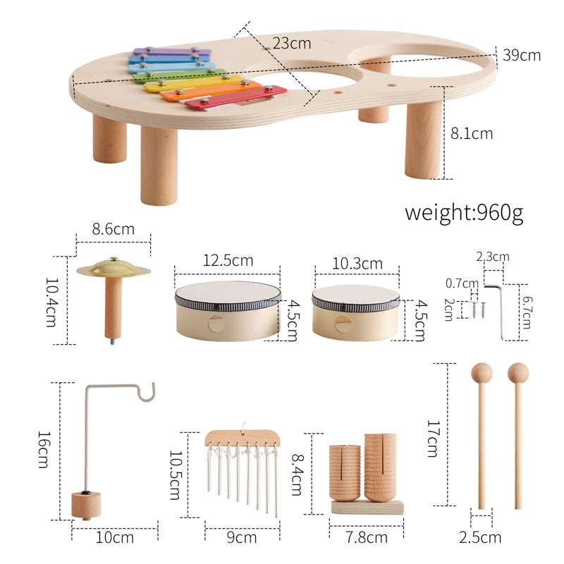 Musikbord i trä för barn – Xylofon, trummor & cymbaler (1+)