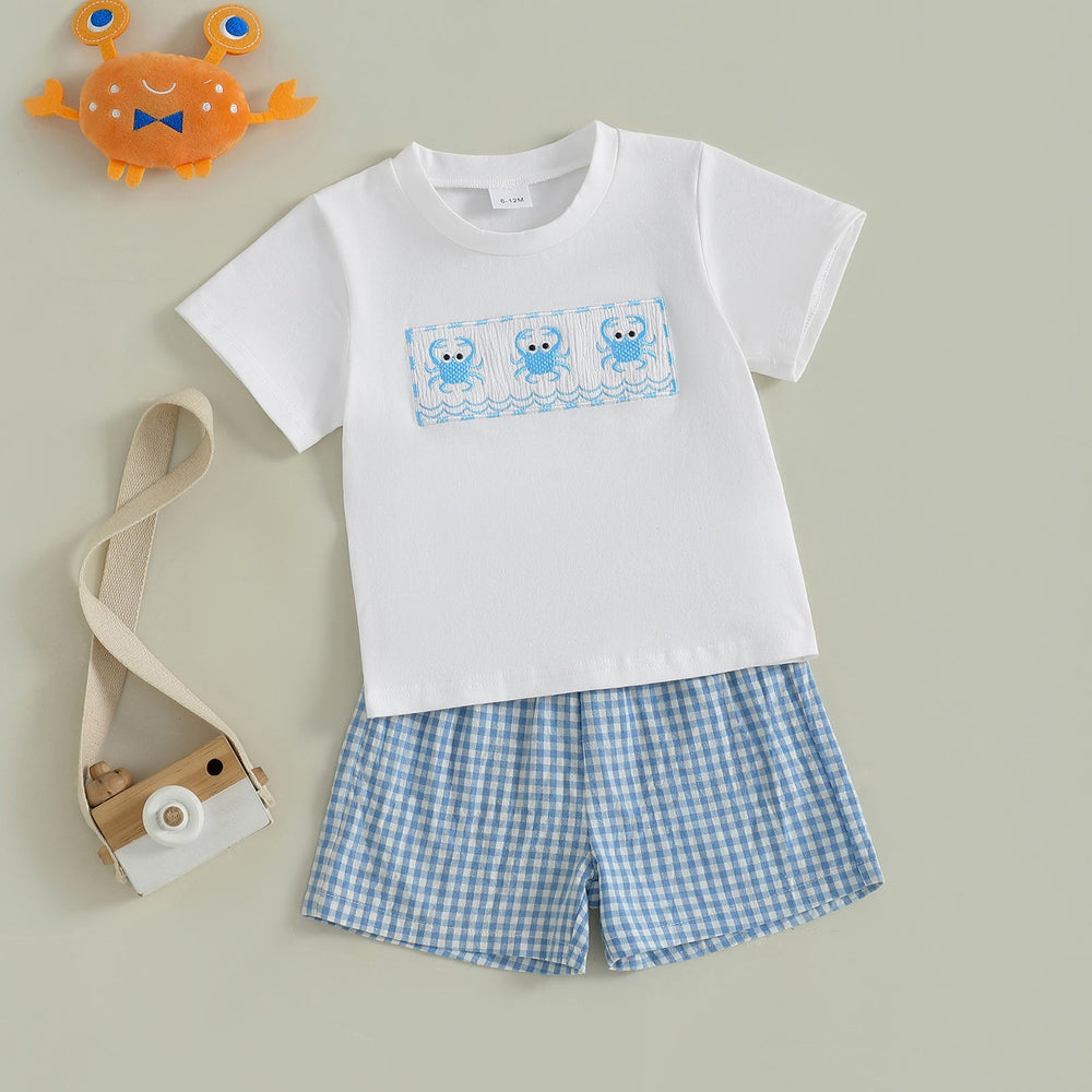 CrabbyCool Sommarsätt för Baby & Småbarn | T-shirt med Krabbor & Rutig Shorts | Bomull & Polyester | 6 mån–4 år | Vit & Blå