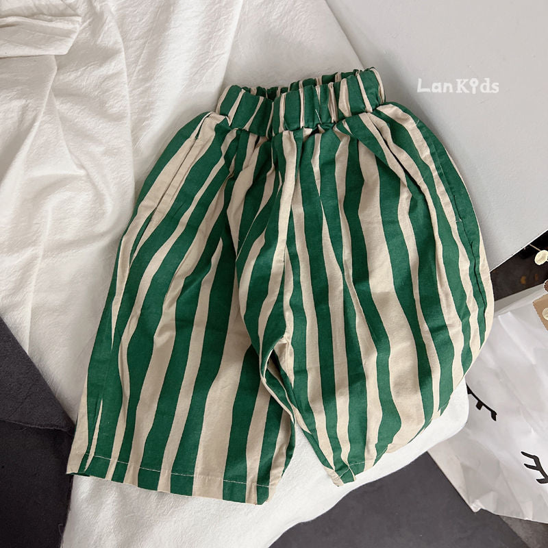 Randiga Barnbyxor – LucaLino Baggy Byxor Unisex, Svart/Grön, Bomull, Storlek 0–6 år