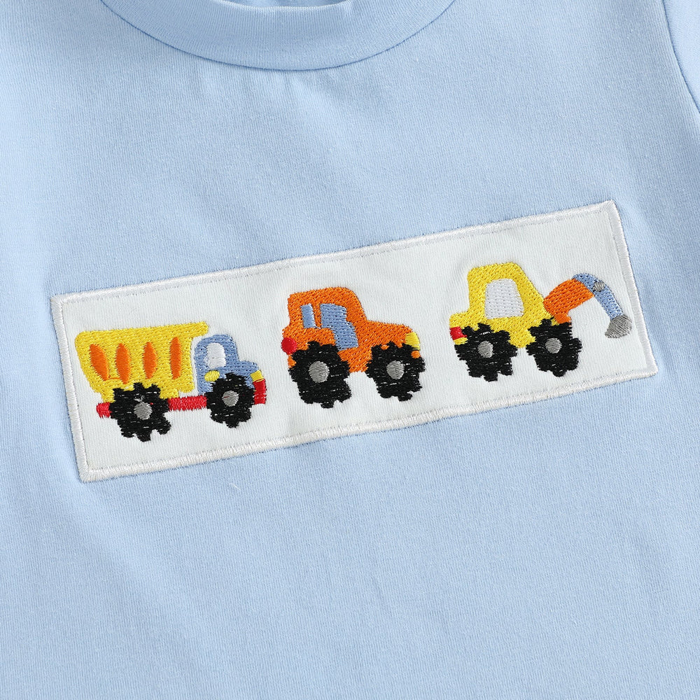 MiniMachines Sommerset för Pojkar | T-shirt med Byggfordon & Randiga Gula Shorts | Bomull & Polyester | 0–4 År | Bekväm Sommaroutfit