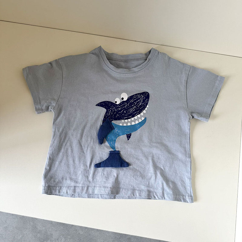 3D T-shirt med haj och mås – Baby, Småbarn, Förskolebarn, Barn, Blå/Brun, Bomull, Storlek 0–8 år