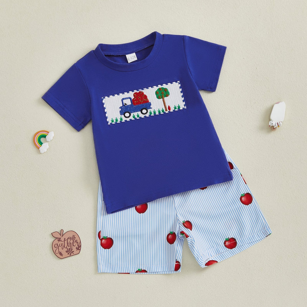 AppleTruck Sommarsätt för Pojkar | T-shirt med Äppeltruck & Randiga Shorts | Bomull & Polyester | 6 mån–4 år | Blå & Röd