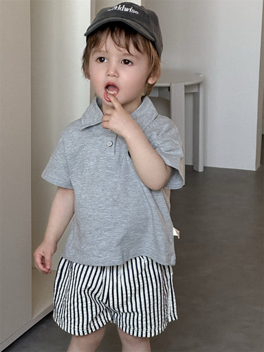 Nautino Polo & Randiga Shorts Set – Sommaroutfit Barn 0–3 år – Grå Polotröja + Randiga Shorts – Bekväm & Unisex