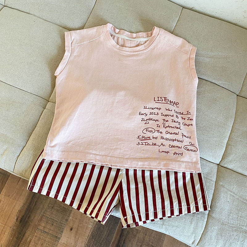 Sommarklädset med Randiga Shorts + T-shirt – Tula Unisex, Rosa/Brun, Bomull, Storlek 0–8 år