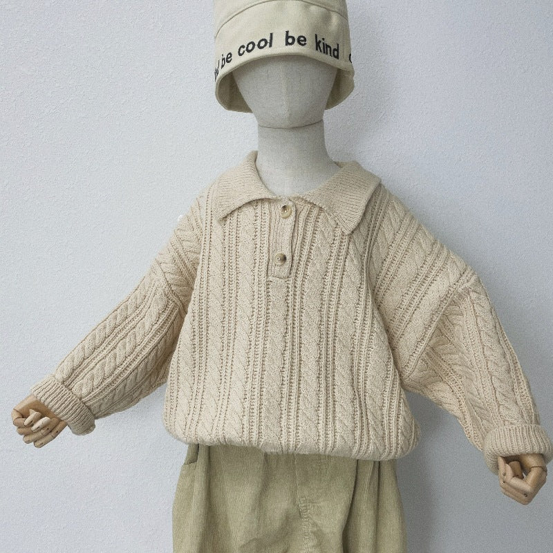 Stickad Tröja med Flätmönster – Pyi Unisex, Beige/Grå, Bomull, Storlek 0–6 år