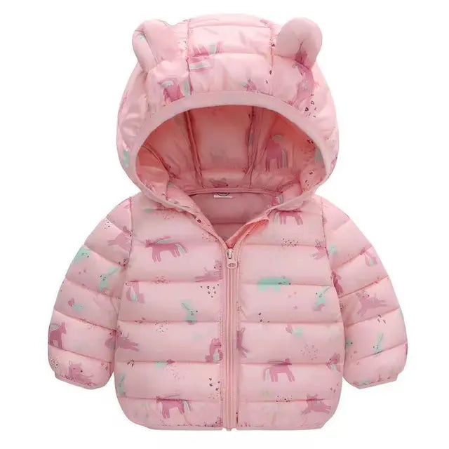 Vinterjacka med Björnöron och Ribbad Struktur – Lusa Flicka, Brun/Vit/Rosa/Beige, Polyester, Storlek 0–8 år