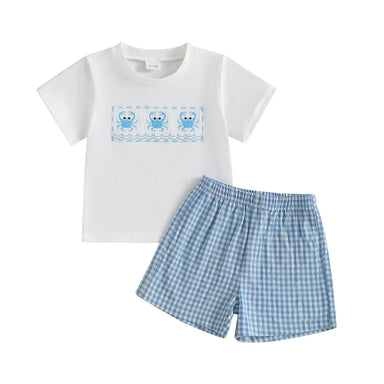 CrabbyCool Sommarsätt för Baby & Småbarn | T-shirt med Krabbor & Rutig Shorts | Bomull & Polyester | 6 mån–4 år | Vit & Blå