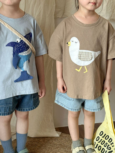 3D T-shirt med haj och mås – Baby, Småbarn, Förskolebarn, Barn, Blå/Brun, Bomull, Storlek 0–8 år