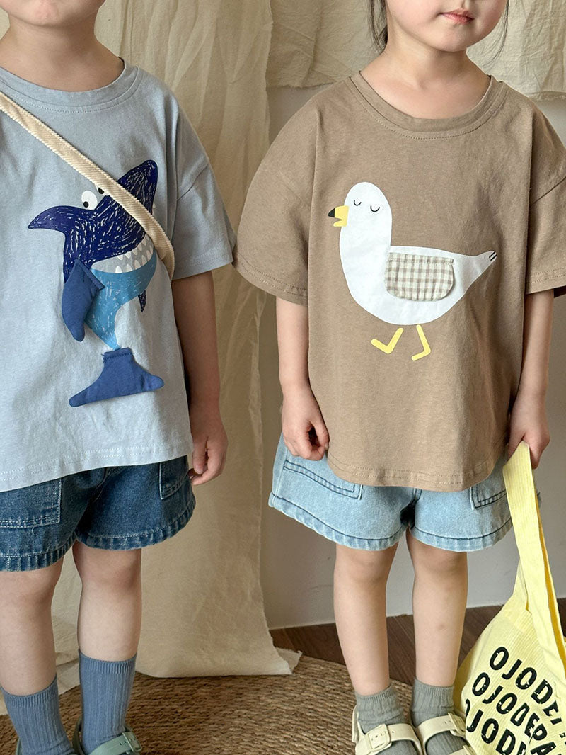 3D T-shirt med haj och mås – Baby, Småbarn, Förskolebarn, Barn, Blå/Brun, Bomull, Storlek 0–8 år