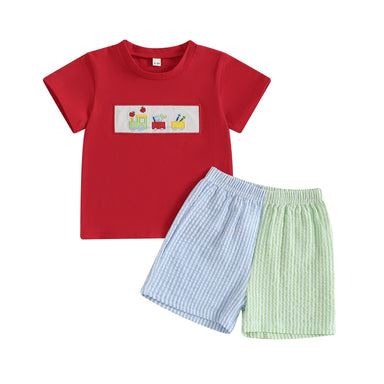 Schooltrain Sommarsätt för Pojkar | Röd T-shirt med Tågmönster & Randiga Shorts | Bomull & Polyester | 2–6 år | Somrig Lekoutfit
