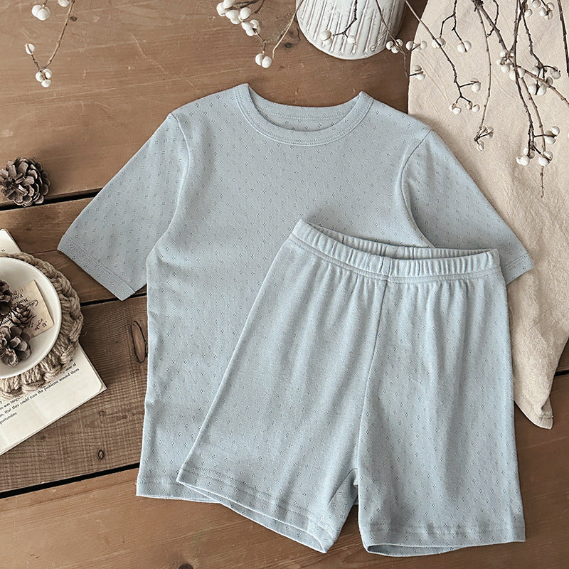 Unisex sommarset i ribbad bomull för baby och småbarn – T-shirt + shorts – Bomull – Little Loom – Gul, Grå, Blå, Rosa, Grön – Storlek 0–4 år