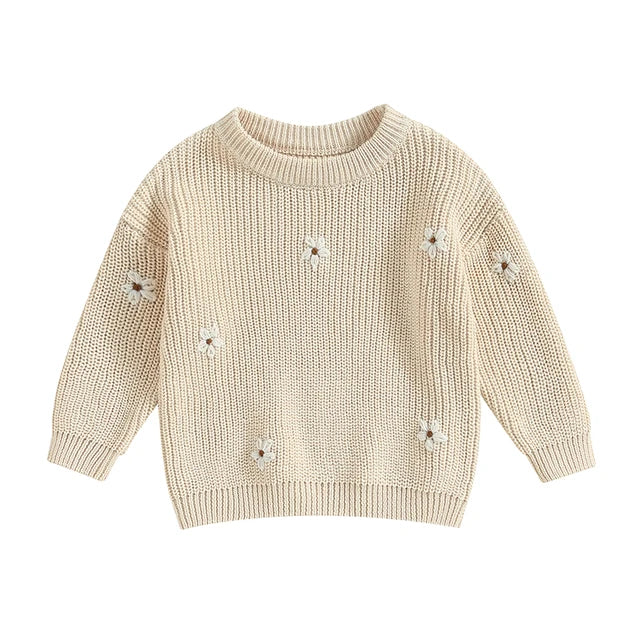 Stickad Tröja med Blommor – Flickor, Beige/Grön/Grå/Lila/Rosa, Bomull, Storlek 0–6 år