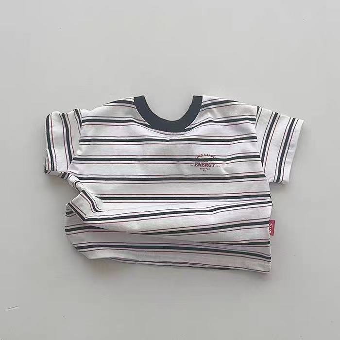 Mini Energy Baby T-shirt – Randig bomullströja med texttryck | Unisex | Storlek 0–3 år
